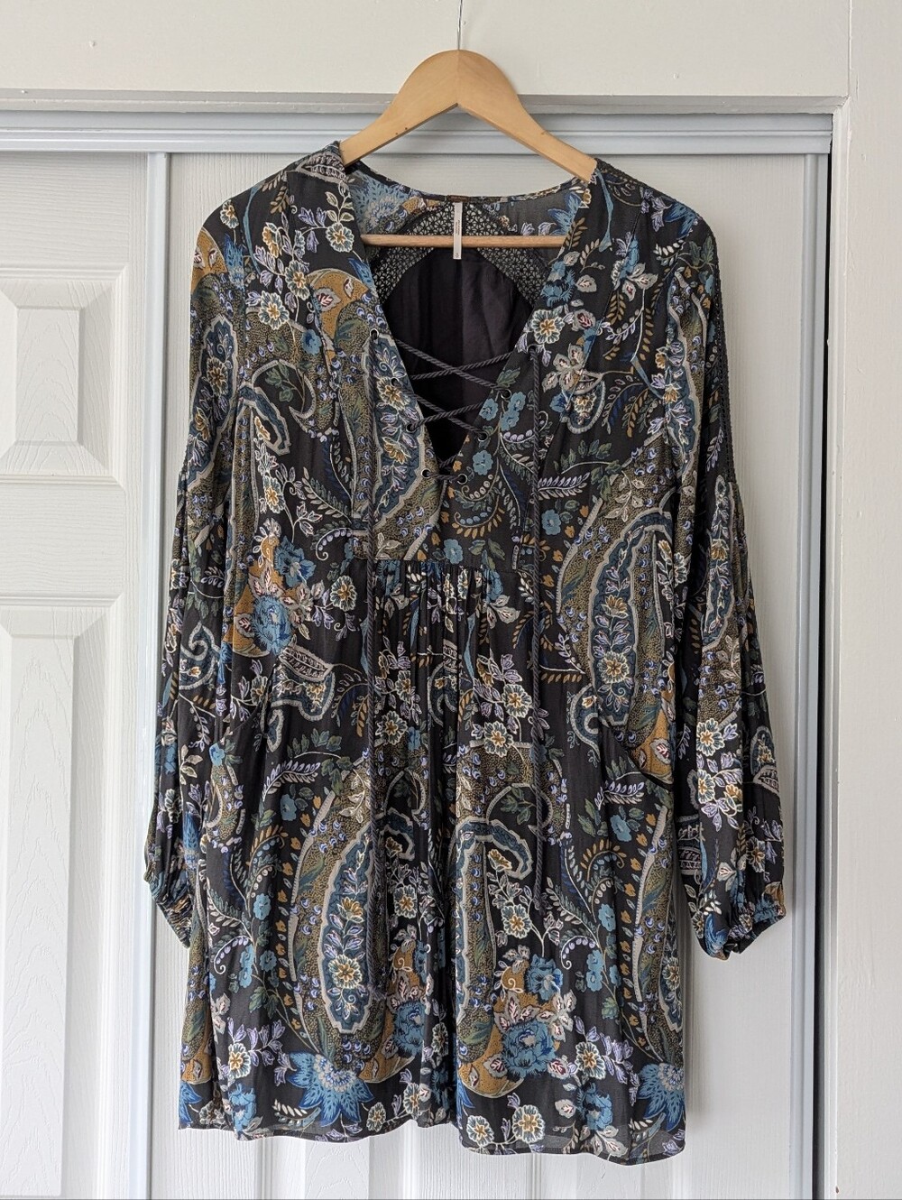 Free People Paisley Lace-Up Tunic Dress Small Boho Whimsigoth Floral
